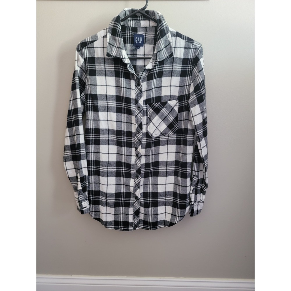 GAP Women's Small Black White Plaid L/S Button Up Shirt Flannel Cotton EUC Y2K